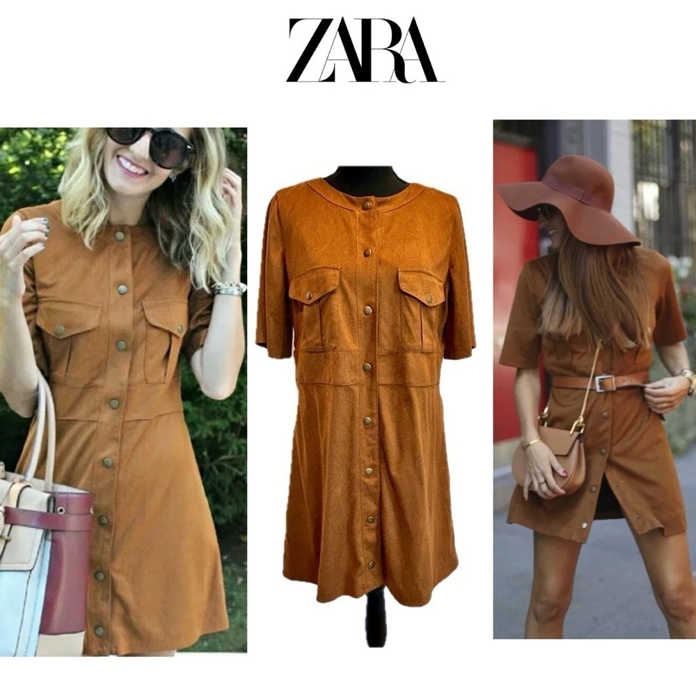 Zara Camel Brown faux suede short sleeve button front mini dress L